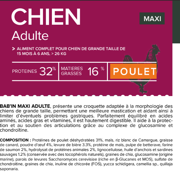 Croquettes Chien Maxi Adulte - Bab'in - 12 kg