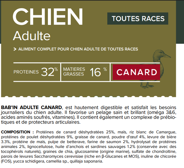 Croquette BABIN - Adulte toutes races - Canard - 12 kg